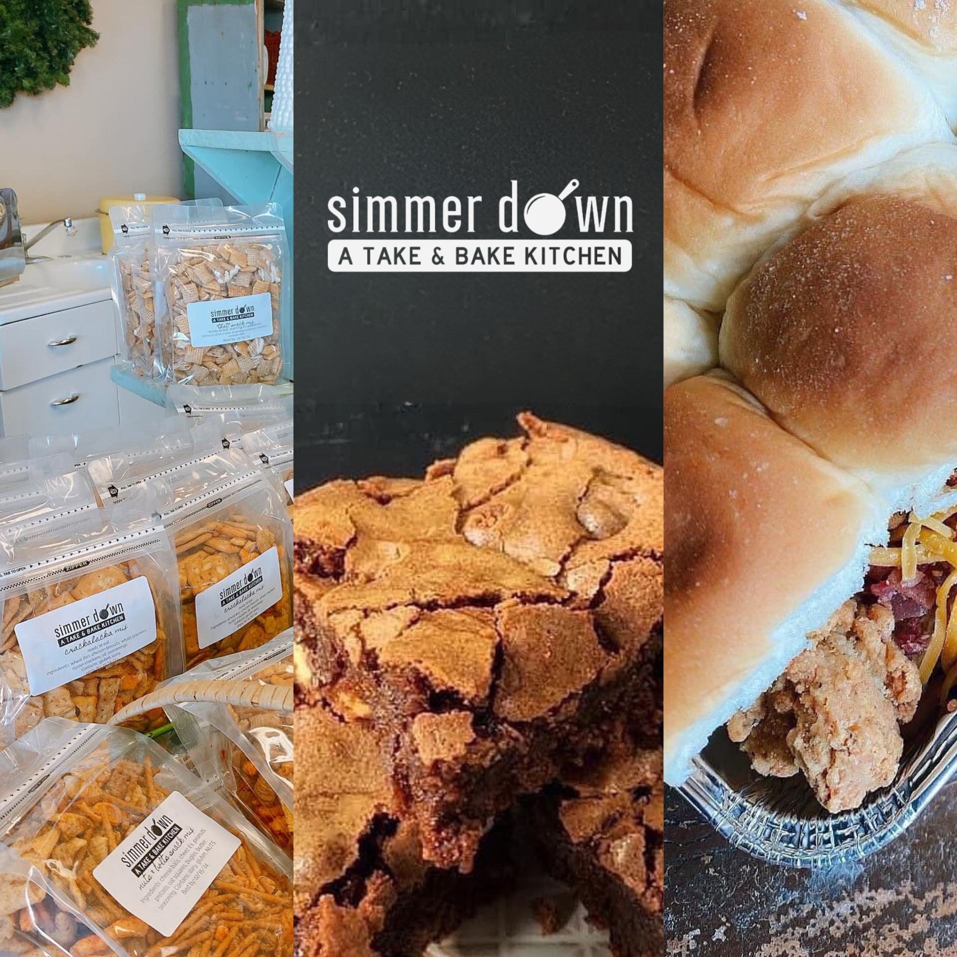 Collage of food items from 'Simmer Down' including packaged snacks, brownies, and a burger.